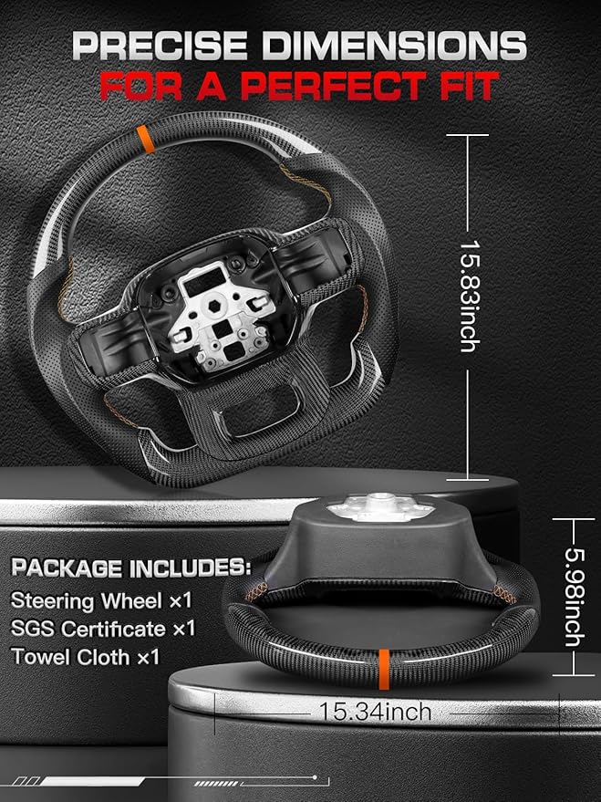 Carbon Fiber Steering Wheel for F150 2021-2024 Orange Stripe&Stitching Black Nappa Leather D-shaped Flat-bottom Steering Wheel for F150 without Paddle Shifter Models