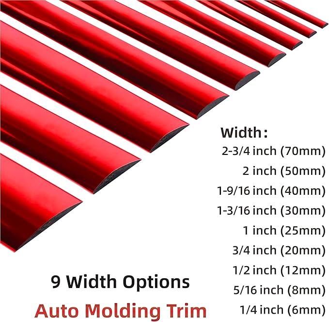 16Ft Chrome Red Car Motor Bike Self-Adhesive Exterior and Interior Molding Trim Universal Dashboard Bumper Window Door Body Side Decorative Strip Scratch-Proof (Width: 1/4 inch (6mm))