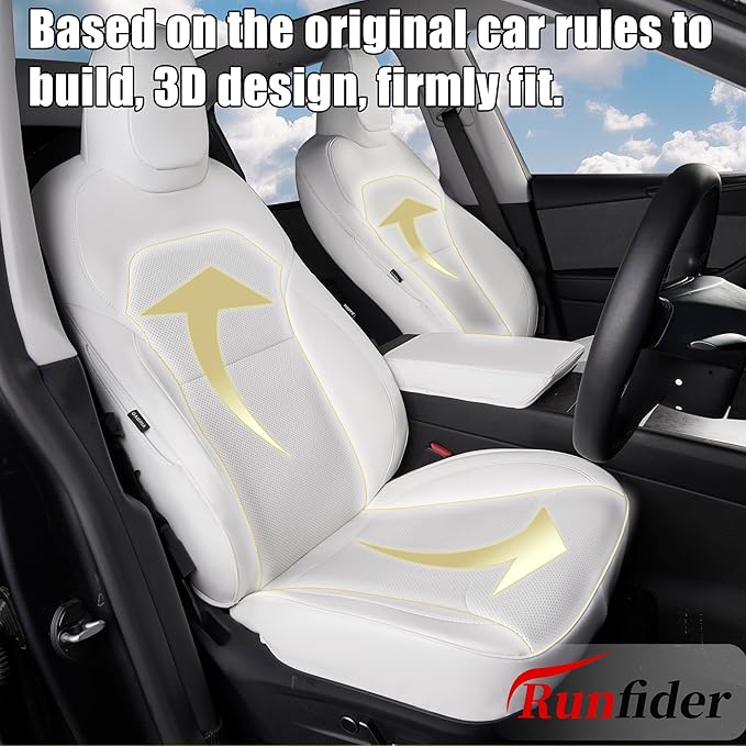 White Nappa Leather Car Seat Covers Compatible with Tesla Model Y Refreshed Facelift Juniper 2025 Full Set Custom Fit Does Not Affect The Airbag, Reserved Seat Belt Hole
