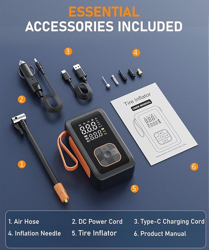 Tire Inflator Portable Air Compressor, 150PSI & 3X Faster Cordless Air Pump for Car Tires with LED Light, Tire Pump with Cigarette Lighter Plug for Cars, Motorcycles, Bicycles, Balls(Black)