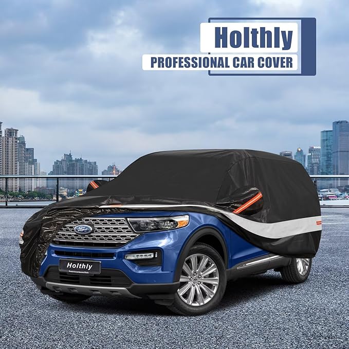 10 Layers SUV Car Cover Custom Fit for Ford Explorer (2002-2025), Waterproof All Weather for Automobiles, Outdoor Full Cover Sun Dust Rain Protection with Cotton. Black