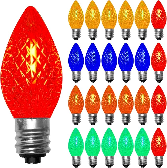 25 Pack C7 LED Multicolor Christmas Light Bulbs, E12 Candelabra Base Bulbs, Shatterproof C7 Multicolor Replacement Light Bulbs for Outdoor Christmas String Lights, Window Candles, Night Light, Patio