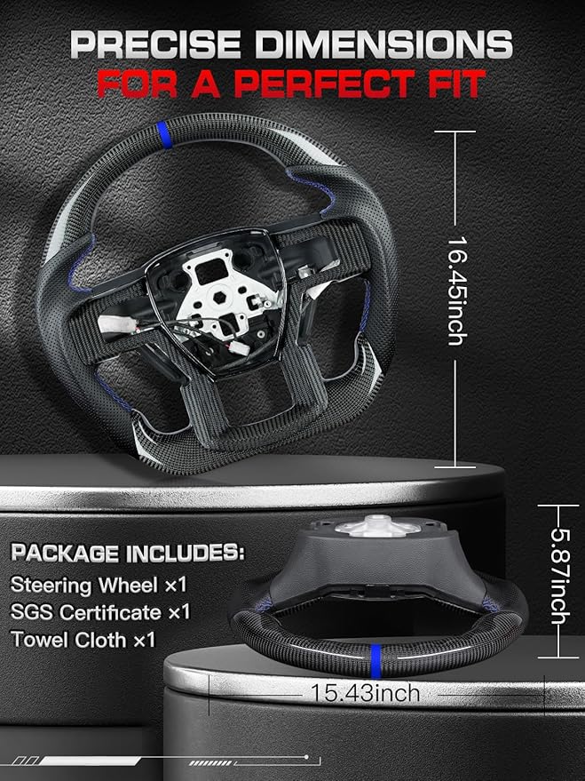 Steering Wheel for F150 Raptor 2017-2020 Real Carbon Fiber with Heated Blue Stripe&Stitching Black Nappa Leather D-shaped Flat-bottom for Raptor with Paddle Shifters Models