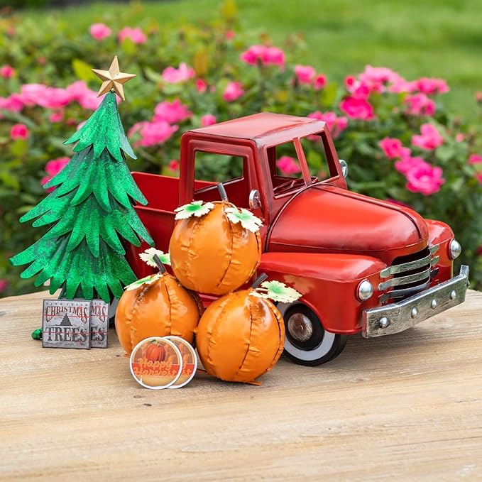 Zaer Ltd. Metal 18.5" Long Multi-Seasonal Christmas and Harvest Pickup Truck with Metal Tree, Pumpkins, and Matching Side-Magnet Sets (Glossy Red)