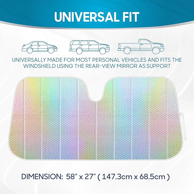 BDK Iridescent Mermaid Car Windshield Sun Shade Accordion Folding Sunshade for Windshield Blocks UV Rays Sun Visor for Car Front Window Protector - Easy Setup Keeps Vehicle Cool - 58 x 27