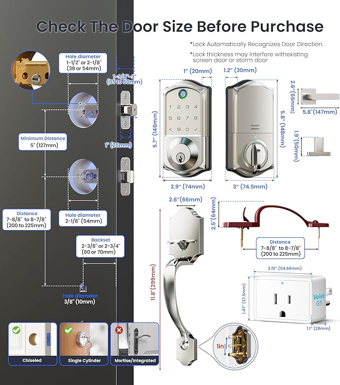 Veise VE017G-H Wi-Fi Smart Fingerprint Front Door Lock Set, Remote App Control, Keyless Entry Deadbolt with Handle, Backlit Keypad, IP55 Weatherproof, Auto Lock, Easy to Install, Satin Nickel