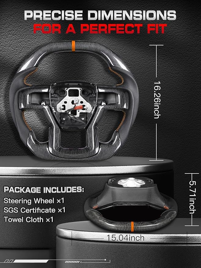 Heated Steering Wheel for F150 Raptor 2017–2020, Double-D Flat-Top & Bottom, Orange Stripe & Stitching, Nappa Perforated Leather Grip, for Raptor with Paddle Shifter Models