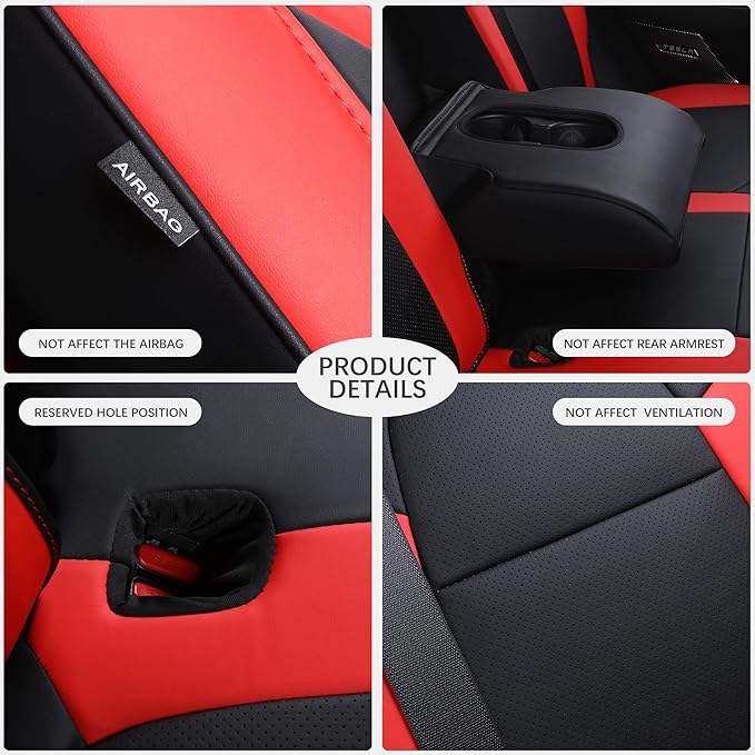 Suitable for Tesla Model Y Seat Covers, Waterproof Faux Leather Car Seat Covers Full Set for Tesla Model Y 2020 2021 2022 2023 2024 (Black+Red)