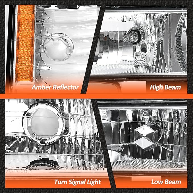 1994-1998 Chevy Silverado Headlights Assembly for 1994-1998 Chevy Silverado/Tahoe/Suburban/C10 Chrome Housing Amber Reflector Replacement Driver and Passenger Side