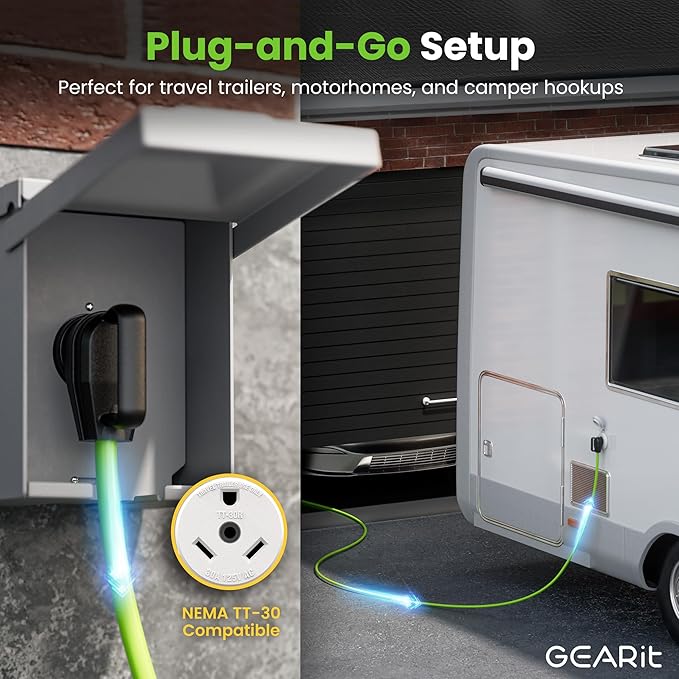 GEARit 30-Amp Extension Cord for RV and Auto, 125-Volt, 3-Prong, 10/3 STW 10AWG Gauge 3 Wire, NEMA TT-30P to TT-30R, Outdoor, Waterproof, Outdoor Camper Power Cord, 30 feet (9.1 Meters), Green