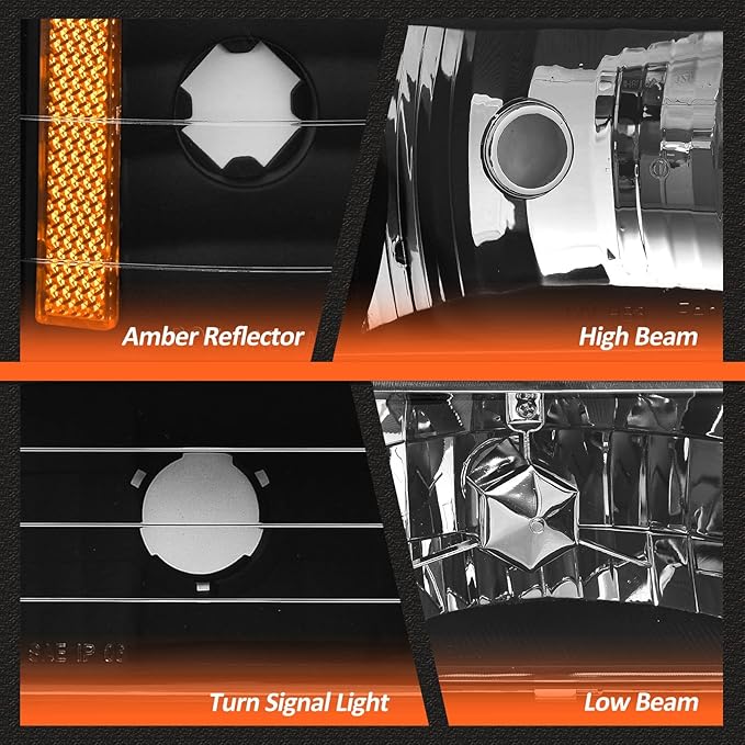Headlights Assembly for 1994-1998 Chevy Silverado Compatible with 1994 1995 1996 1997 1998 Chevy Silverado/Tahoe/Suburban/C10 Black Housing Amber Reflector Driver and Passenger Side Pair