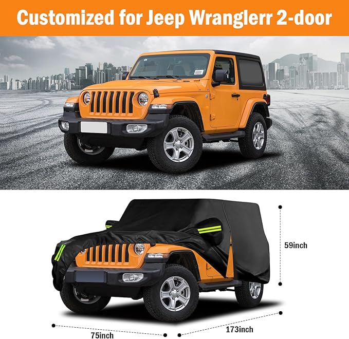 Waterproof Car Cover for Jeep Wrangler 2 Door 1987-2025 JK JL CJ YJ TJ Outdoor Sun Rain Snow Hail Protection with Driver Door Zipper