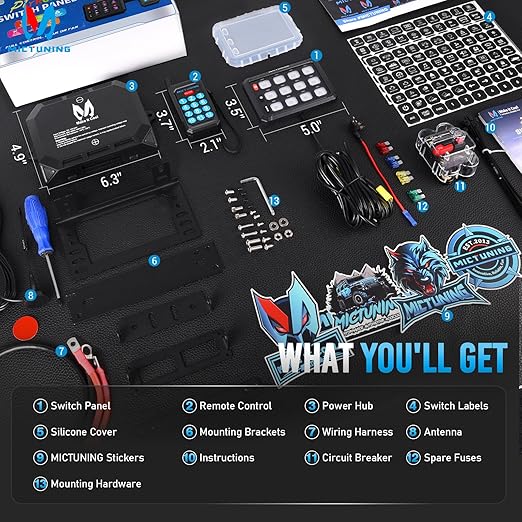 MICTUNING P1Y 12 Gang Switch Panel, Remote and APP Control, Up to 230FT, Adjustable Strobe Pulse Momentary, 6-Level Dimming, 12-24V Waterproof Multifunction Toggle Switch for Car Boat RV Truck Offroad