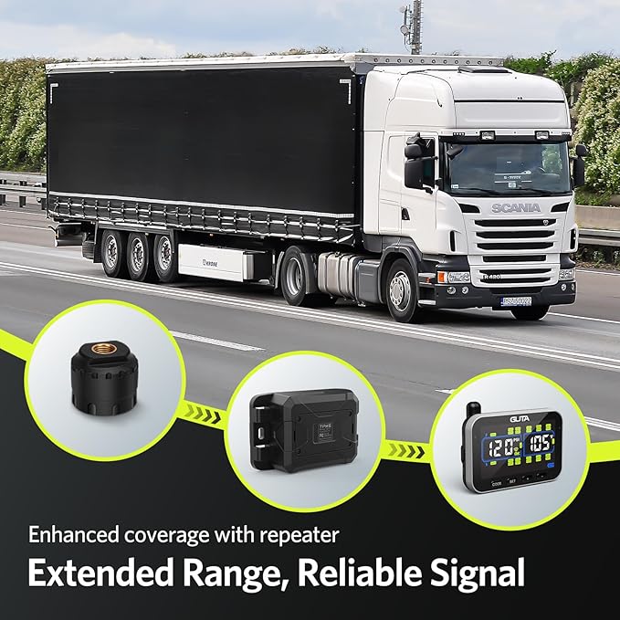 GUTA Trailer Tire Pressure Monitoring System, RV Tire Pressure Monitor with 4 Sensors, 6 Alert Modes, Power Saving Mode, Large Color Display, Long Sensing Distance, 0-188PSI TPMS for RV Trailer Semi