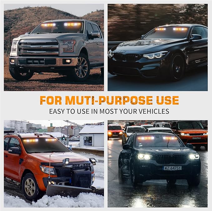 XRIDONSEN 34 inch Emergency Strobe Visor Lights 40 LED Amber White Warning Flashing Hazard Safety Lights Interior Front Windshield Light Bar Deck Split w/Take Down for Trucks Construction Vehicles