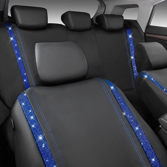 CAR PASS Bling Diamond Car Seat Covers Full Set, Shining Rhinestone Waterproof Faux Leather, Rear with Zipper, Universal Fit Automotive Glitter Crystal Sparkle Strips for Cute Women Girl, Blue