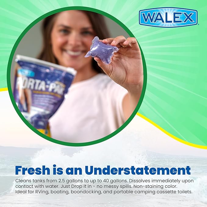 Walex Porta-Pak Black Holding Tank Deodorizer & Portion Control System Drop-Ins - Rapid Breakdown of Waste & Paper, Odor Prevention, Cleans Tank & Sensors - Lavender Breeze, 10-Pack