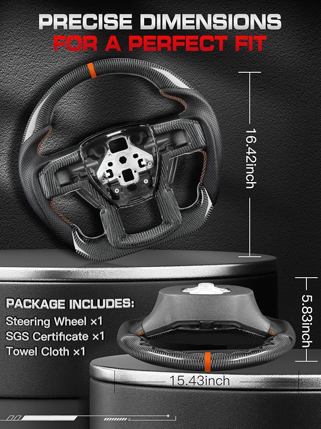 Carbon Fiber Steering Wheel for Ford F-150 2015–2020, D-Shaped Flat-Bottom, Black Nappa Leather with Orange Stripe & Stitching, for F-150 Models Without Paddle Shifter Models