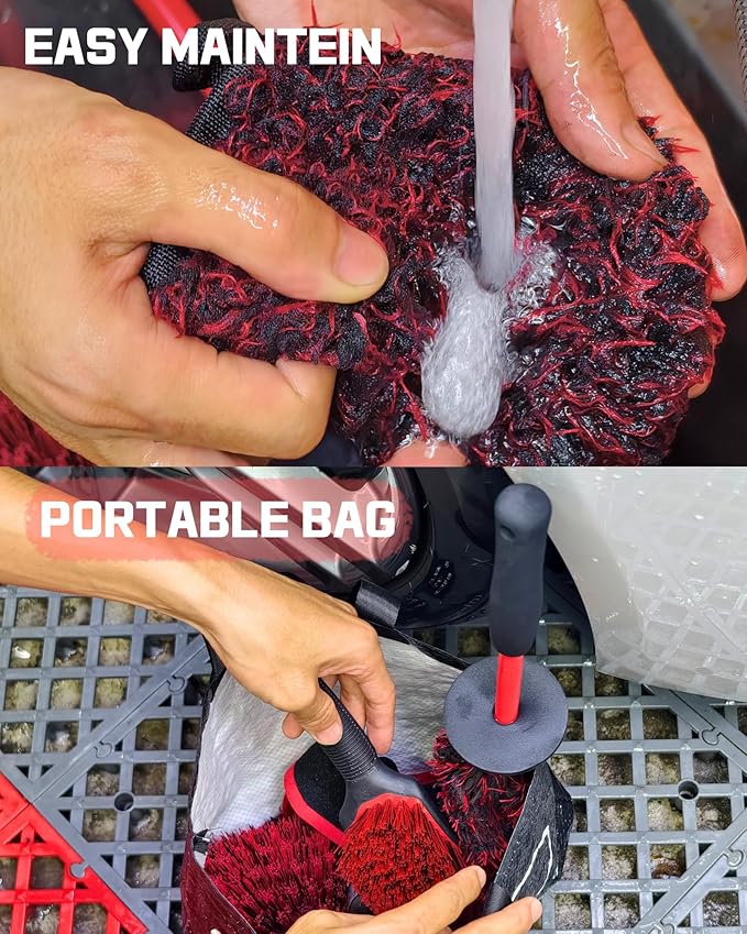 8PCS Wheel Cleaning Kit with Microfiber Brush & Rubber Grip Tire Brush, Twist Loop Drying Towel, Detailing Brush, Applicator for Car Rim and Tire Care