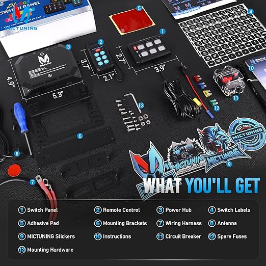 MICTUNING P1Y 6 Gang Switch Panel, Remote and APP Control, Up to 230FT, Adjustable Strobe Pulse Momentary, 6-Level Dimming, 12-24V Waterproof Multifunction Toggle Switch for Car Boat RV Truck Offroad