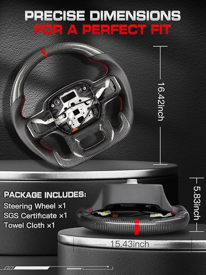 Carbon Fiber Heated Steering Wheel for F150 Raptor 2021–2024, D-Shaped Flat-Bottom, Hand-Stitched Nappa Leather Grip, Matching Decorative Trim Piece, for Raptor with Paddle Shifter Models