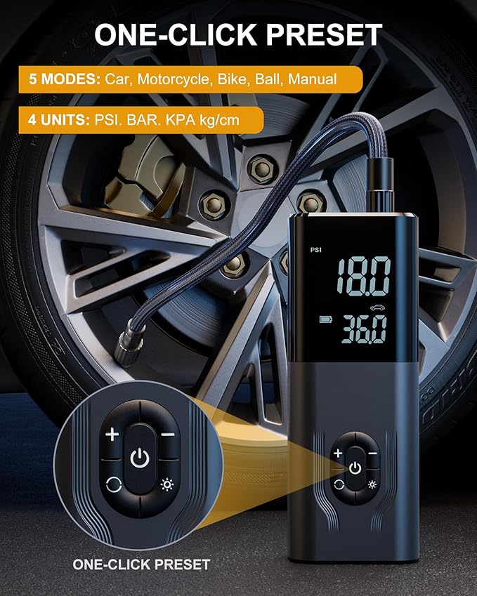 Tire Inflator Portable Air Compressor, 180PSI Air Pump for Car, 6X Faster Cordless Air Compressor with Digital Pressure Gauge, Tire Inflator with Dual Mode Inflation for Car, Moto, Bicycle and Ball