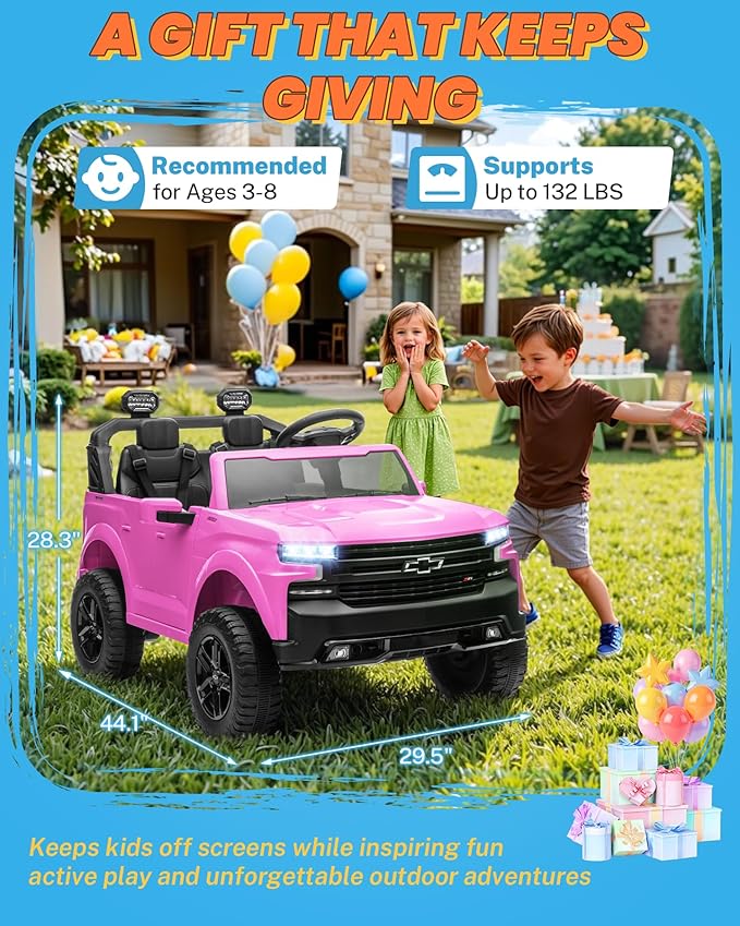ENYOPRO 24V 2 Seater Electric Car for Kids, Licensed Chevrolet Silverado LT Trail Boss Kids Ride on Car w/Remote Control, LED Lights, Bluetooth, 90W Motor, All-Terrain Wheels, Truck Bed Storage, Pink