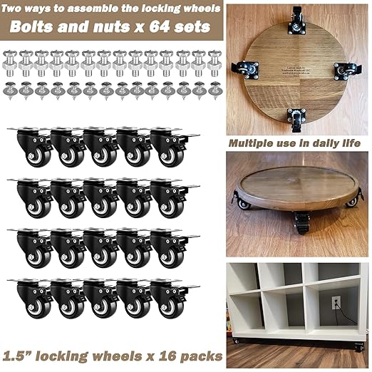 1.5" Casters Set of 20 Heavy-Duty Industrial Caster Wheels with Brake PU No Noise Wheels Double Locking and Double Ball Bearing Swivel Locking Casters for Workbench, Furniture, Plate Castors Black