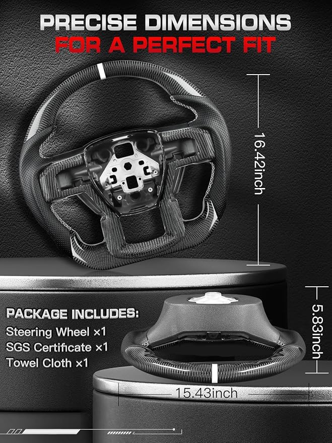Carbon Fiber Steering Wheel for F150 2015-2020 with Accent Trim Piece White Stripe&Stitching Black Nappa Leather D-shaped Flat-bottom Steering Wheel for F150 without Paddle Shifter Models