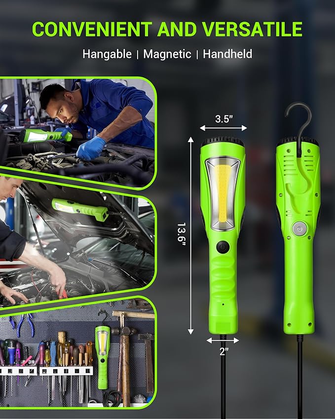 EDISHINE 2000LM LED Work Light, 15ft Underhood Work Light, Dimmable COB LED Trouble Light with Cord 16 Gauge SJTW, Strong Magnet, Swivel Hook for Mechanic, Garage, Workshop, Car Repair, ETL Listed