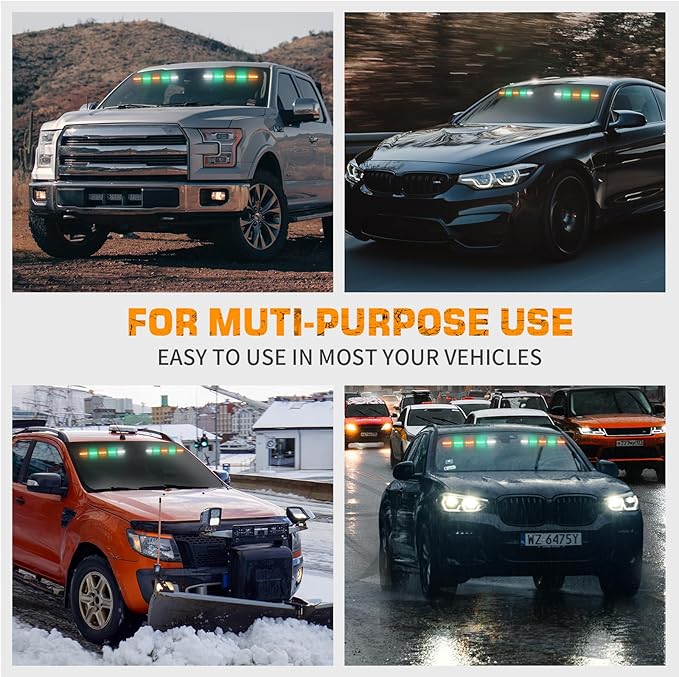 XRIDONSEN 34 inch Amber Green White Emergency Visor Strobe Lights 40 LED Warning Flashing Hazard Safety Interior Front Windshield Lights Deck Split w/Take Down for Trucks Construction Vehicles