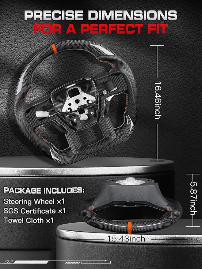 Steering Wheel for F150 Raptor 2017-2020 Real Carbon Fiber with Decorative Trim Piece with Heated Orange Stripe&Stitching Black Nappa Leather D-shaped for Raptor with Paddle Shifters Models