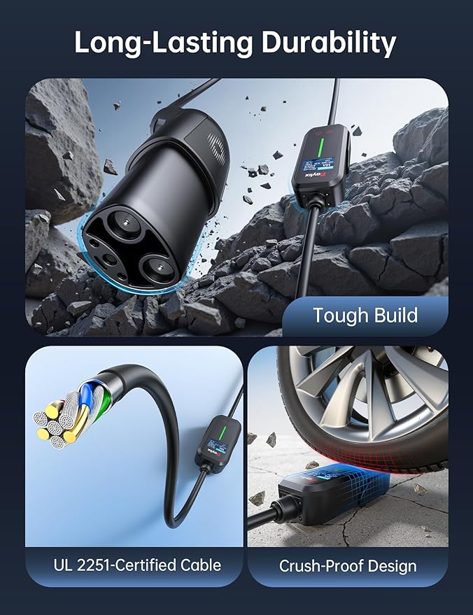 12A-16A Level 1&2 Charger for Tesla Adjustable Current, Delay Charge & Smart Display NACS Mobile/Home Charger, 21ft Mobile Connector Cable for Model X/Y/3/S/Cybertruck, NEMA 6-20/5-15 Plug, 110-240V