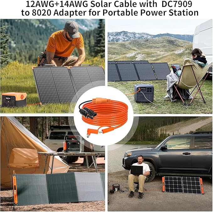 Solar Connector to DC 8mm Adapter Cable 25FT, 12AWG + 14AWG Tinned Copper Wire with DC7909 to DC8020 Adapter, Heavy Duty Charging Cable for Portable Power Station, RV, Outdoor Camping