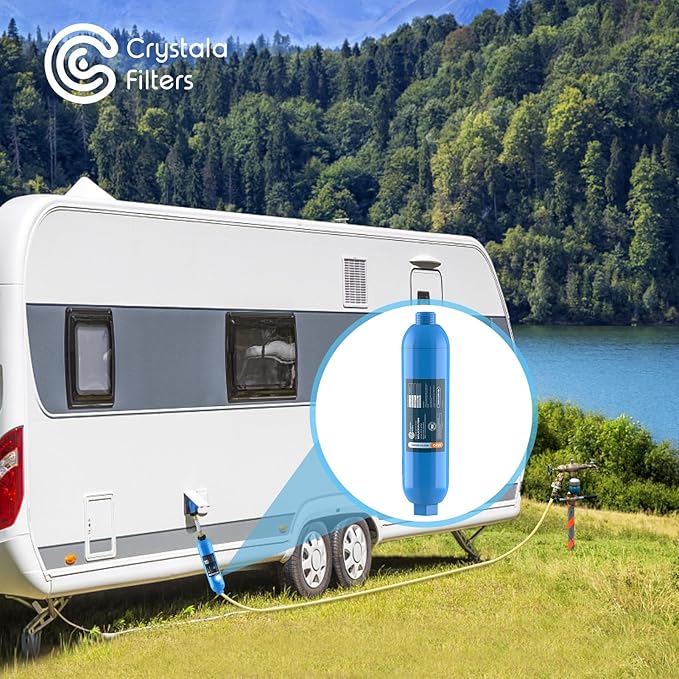 CRYSTALA RV/Camper Water Filter, Inline Water Filter Effectively Reduces Bad Taste, Odors, Chlorine and Sediment for RVs and Marines, 3 Pack Filter with 2 Flexible Hose Protector