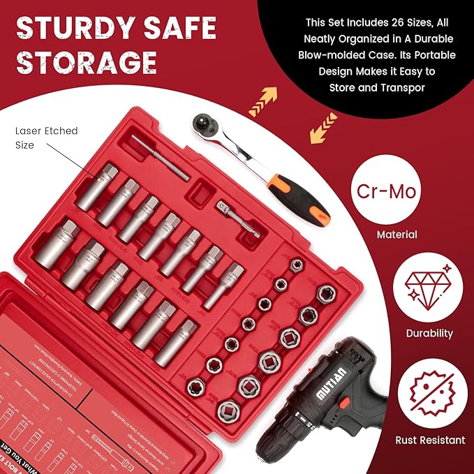 28Pcs Deep Bolt Extractor Set, with 3/8" Drive, Ez Out Broken Bolt Remover Kit, Spark Plug Extractor Socket Set, Easy Out Stripped Lug Nut Removal Tool for Removing Rounded, Rusted Bolts, Nuts & Screw