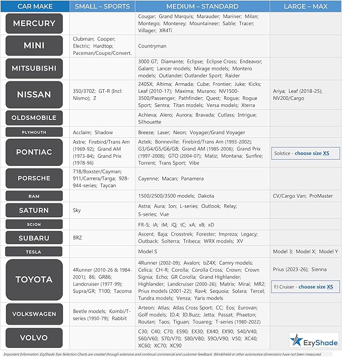 EzyShade Windshield Sun Shade with Shield-X Reflective Technology. See Size-Chart with Your Vehicle. Foldable 2-Piece Car Sunshades Reflect UV Sun and Heat and Protect Your Car. Standard (Medium) Size
