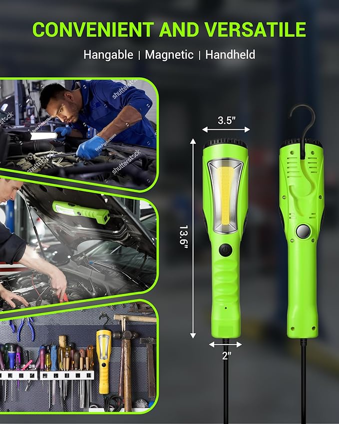 EDISHINE LED Work Light (25 feet), Underhood Work Light, 2000LM COB LED Light, Trouble Light with Cord 16 Gauge SJTW, Strong Magnet, Swivel Hook for Garage, Workshop, Car Repair Scene, ETL Listed