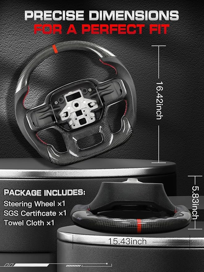 Carbon Fiber Steering Wheel for F-150 2021–2024, Matching Decorative Trim Piece, D-Shaped Flat-Bottom, Black Nappa Leather with Red Stripe & Stitching, for F-150 Without Paddle Shifters Models