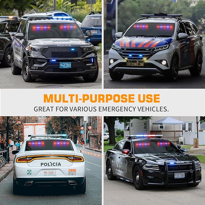 XRIDONSEN 2x 17 inch Emergency Dash Police Lights Red Blue Police Light Bar 40 LED Interior Front/Rear Windshield Strobe Lights Safety Flashing Warning Hazard w/Suction Cups for Vehicles Trucks Car