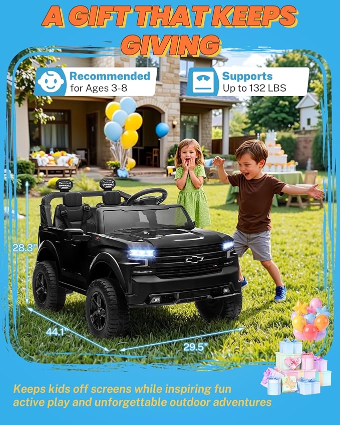 ENYOPRO 24V Ride on Toys for Big Kids, Licensed Chevy Silverado LT Trail Boss 2 Seater Ride on Car for Kids, Toddler Electric Car w/Remote Control, Safety Belt, Truck Bed, LED Lights, Bluetooth, Black