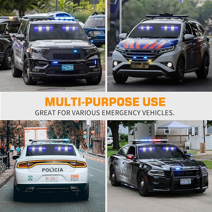 XRIDONSEN 2x 17 inch Blue White Emergency Dash Strobe Lights Bar 40 LED Interior Front/Rear Windshield Lights Safety Flashing Warning Hazard w/Suction Cups for Police Firefighter Vehicles Trucks Car