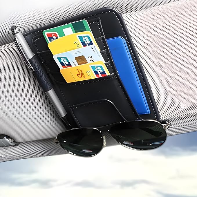 2PCS Auto Car Sun Visor Organizer, Multi-Function Car Visor Organizer, Suitable for Storing Sunglasses, Cards, Pens, Driver's License, Suitable for Most Vehicles (Black)