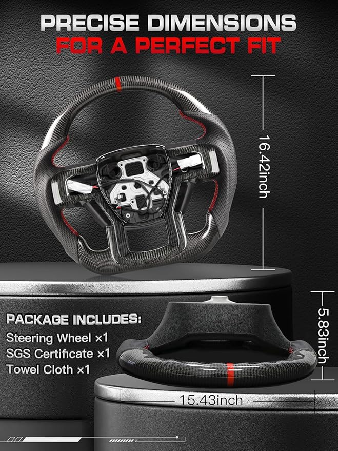 Carbon Fiber Heated Steering Wheel for Ford F-150 2015–2020, Includes Decorative Trim Piece, D-Shaped Flat-Bottom, Hand-Stitched Nappa Grip, for F-150 Models Without Paddle Shifters