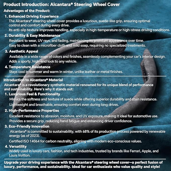 2 Piece Alcantara Steering Wheel Cover - Split Sport Design for D & O Shape Wheels, Soft Touch · Anti-Slip Grip · All Season Comfort · Durable Luxury Material for Performance Cars