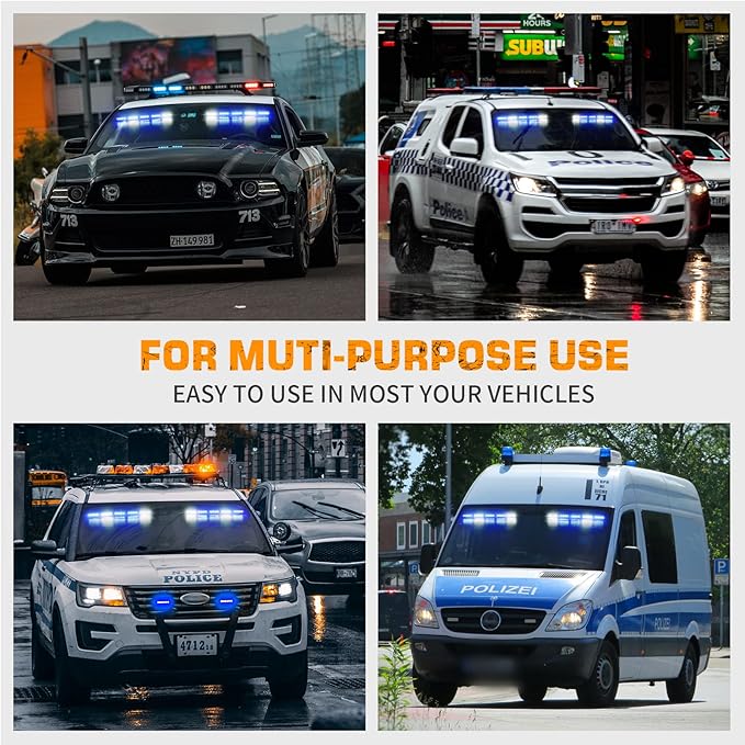 XRIDONSEN Blue White Emergency Visor Lights Warning Flashing Interior Windshield Strobe Lights Bar for Police Firefighter Vehicles Trucks w/Take Down, Deck Split Mount (34 inch, 40 LED)