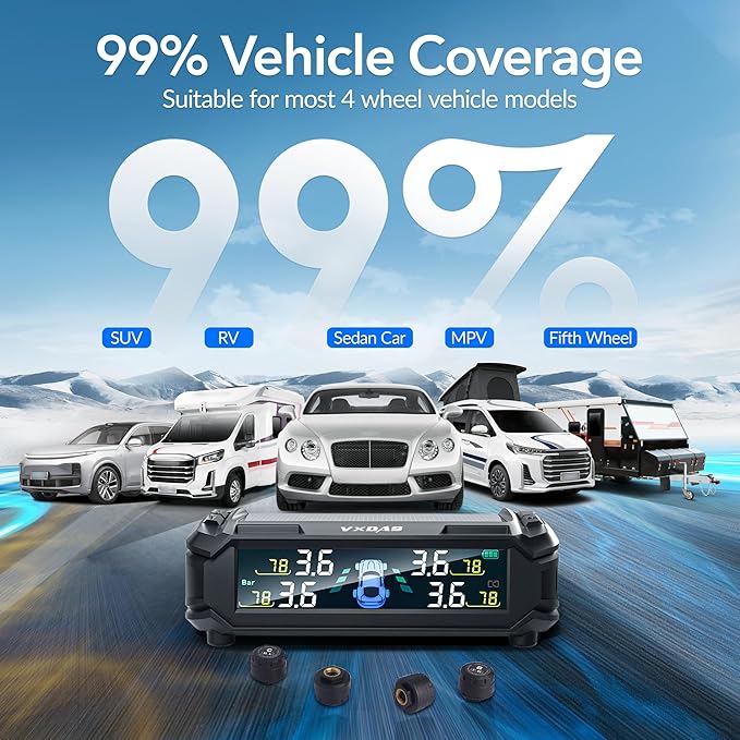 VXDAS RV Accessories Tire Pressure Monitoring System, Wireless Solar TPMS with 4 Sensors & 4 Alarm Modes, Tire Pressure Monitor with LCD Display & Auto Sleep/Wake-up Mode, Easy to Install for RV