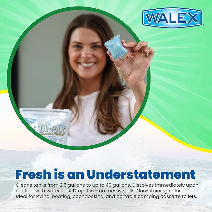 Walex Porta-Pak Black Holding Tank Deodorizer & Portion Control System Drop-Ins - Rapid Breakdown of Waste & Paper, Odor Prevention, Cleans Tank & Sensors - Clean Linen, 10-Pack