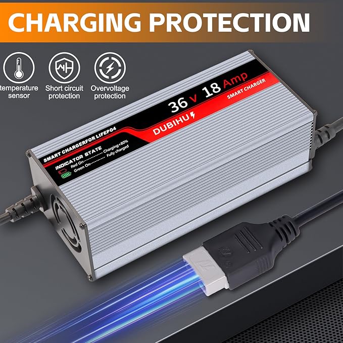 43.8V 18A LifePo4 Lithium Battery Charger Smart Golf Cart, RV & 36V Motor Battery Charger with Anderson Plug, M8 Ring Terminal & 50A Alligator Clip Adapter Cable