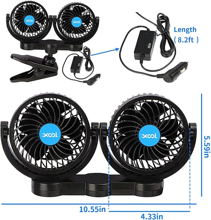 XOOL Clip Car Fan, Adjustable Dual Head 4 Inches 12V Fan for Front/Rear Seat Passenger, 360° Rotatable Electric Car Cooling Fans with Stepless Speed Regulation for SUV, RV, Vehicles